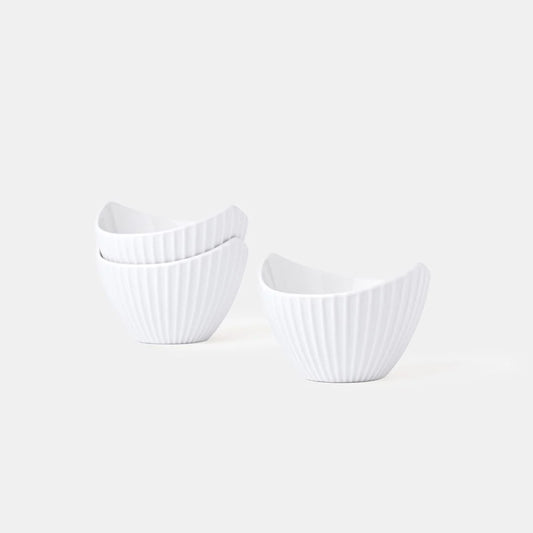 Rena Porcelain Linear White Leaf Bowl 100 ml Set of 3 with elegant ribbed design, perfect for serving snacks