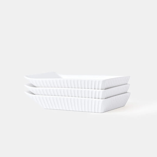 Rena Porcelain Linear White Rectangle Dish 15 cm Set of 3 stacked elegantly for serving food