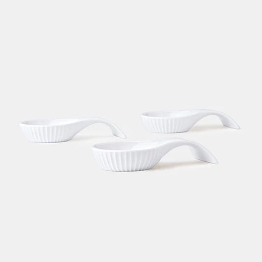 Rena Porcelain Linear White Resting Bowl Set of 3 with elegant curved handles and ribbed design