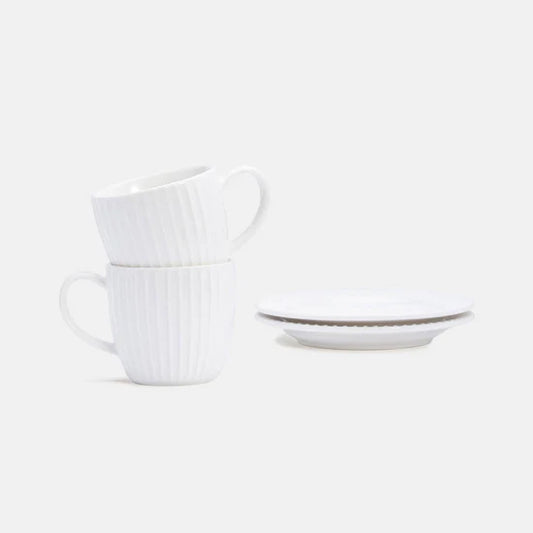 Rena Porcelain Linear White Tea Cup 250 ml 2 pcs Set stacked with a matching saucer