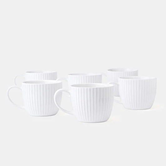 Rena Porcelain Linear White Tea Cup 250 ml 6 pcs set with elegant ribbed design