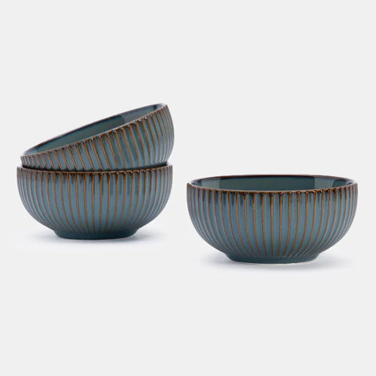 Rena Porcelain Teal Bowl 12 cm Set of 3, featuring elegant ribbed design and vibrant teal color