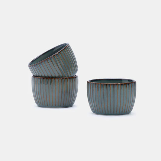 Rena Porcelain Teal Bowl 8 cm 200 ml Set of 3 with Elegant Ribbed Design for Stylish Table Settings