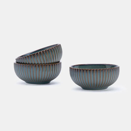 Rena Porcelain Teal Bowl 9 cm 150 ml Set of 3 with Elegant Ribbed Design for Serving Snacks