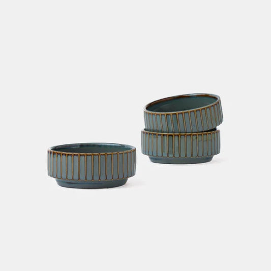 Rena Porcelain Teal Cirque 60 ml Set of 3 serving dishes with ribbed design for elegant dining
