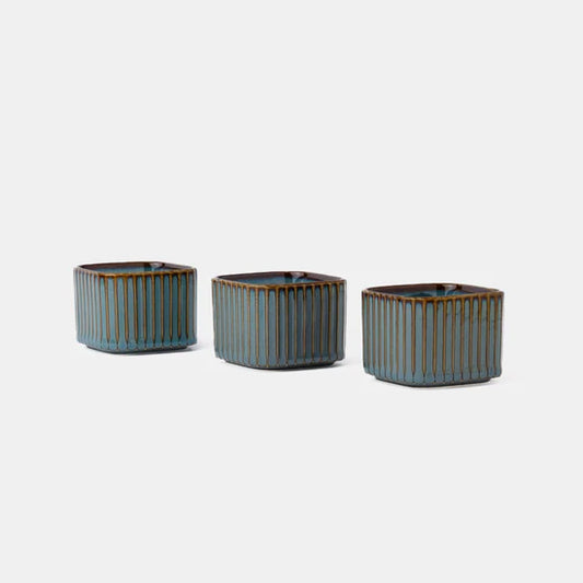 Rena Porcelain Teal Cube 85 ml Set of 3 Serving Dishes with Textured Design for Stylish Table Settings