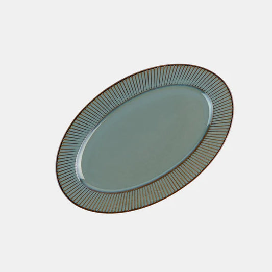 Rena Porcelain Teal Oval Platter 23 cm with Elegant Ribbed Design for Serving Dishes