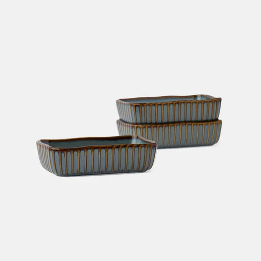 Rena Porcelain Teal Rectangle Dish 10cm Set of 3 with Elegant Vertical Stripes for Stylish Serving