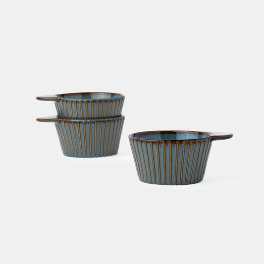 Rena Porcelain Teal Regular Cup 200ml Set of 3 with elegant ribbed design and handles