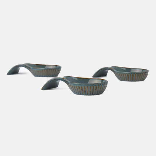 Rena Porcelain Teal Resting Bowl Set of 3 with stylish curved shapes and textured design for elegant serving
