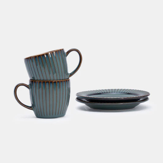 Rena Porcelain Teal Tea Cup, 250 ml, Set of 2, featuring a stylish ribbed design