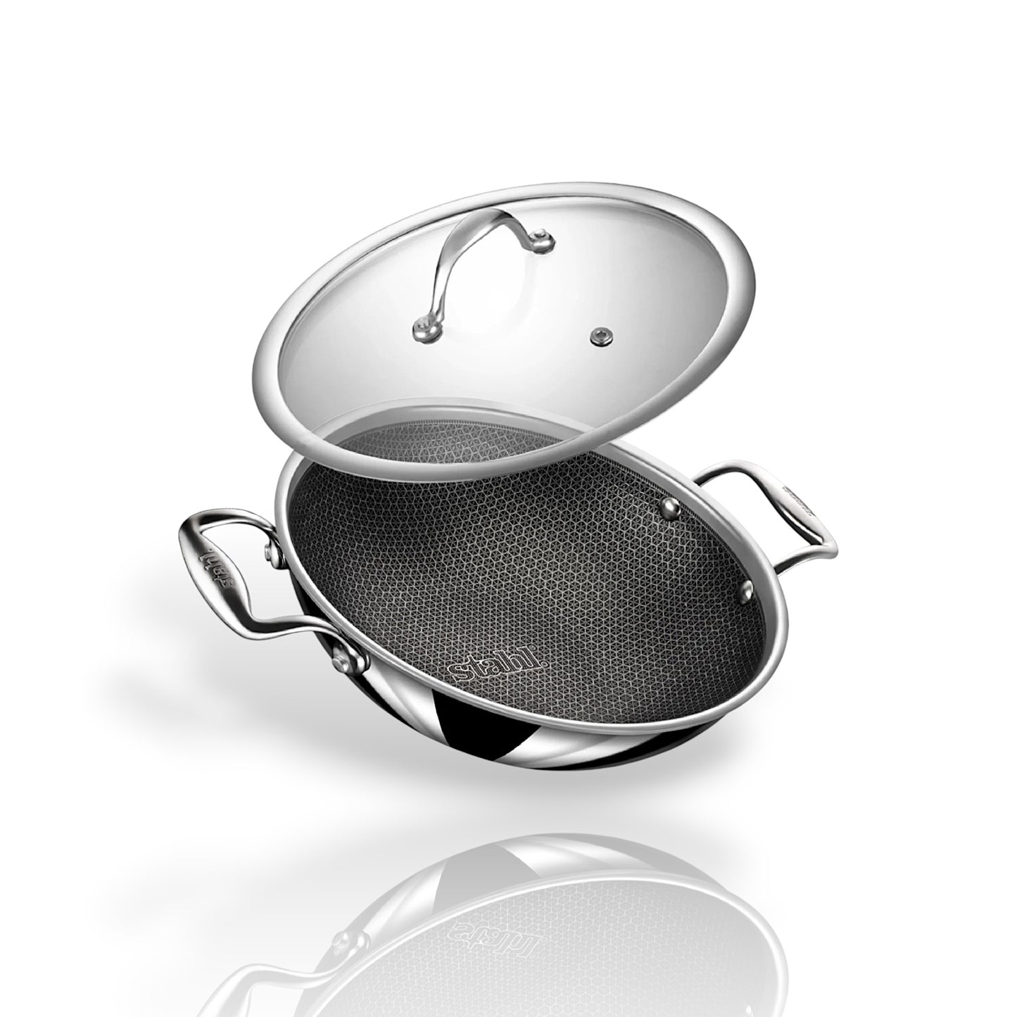 Stahl Artisan Hybrid Triply Kadhai 24cm with Glass Lid and Durable Non-Stick Interior for Versatile Cooking
