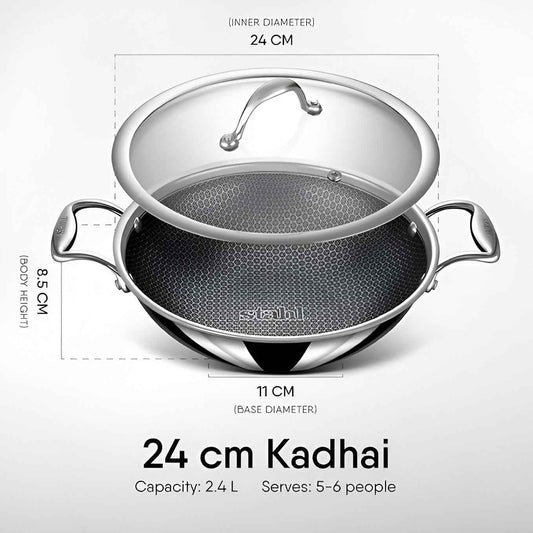 Stahl Artisan Hybrid Triply Non-Stick Kadhai with Lid, 24cm, 2.4 liters