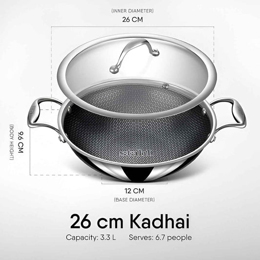 Stahl Artisan Hybrid Triply Non-Stick Kadhai with Lid, 28cm, 4.4 liters