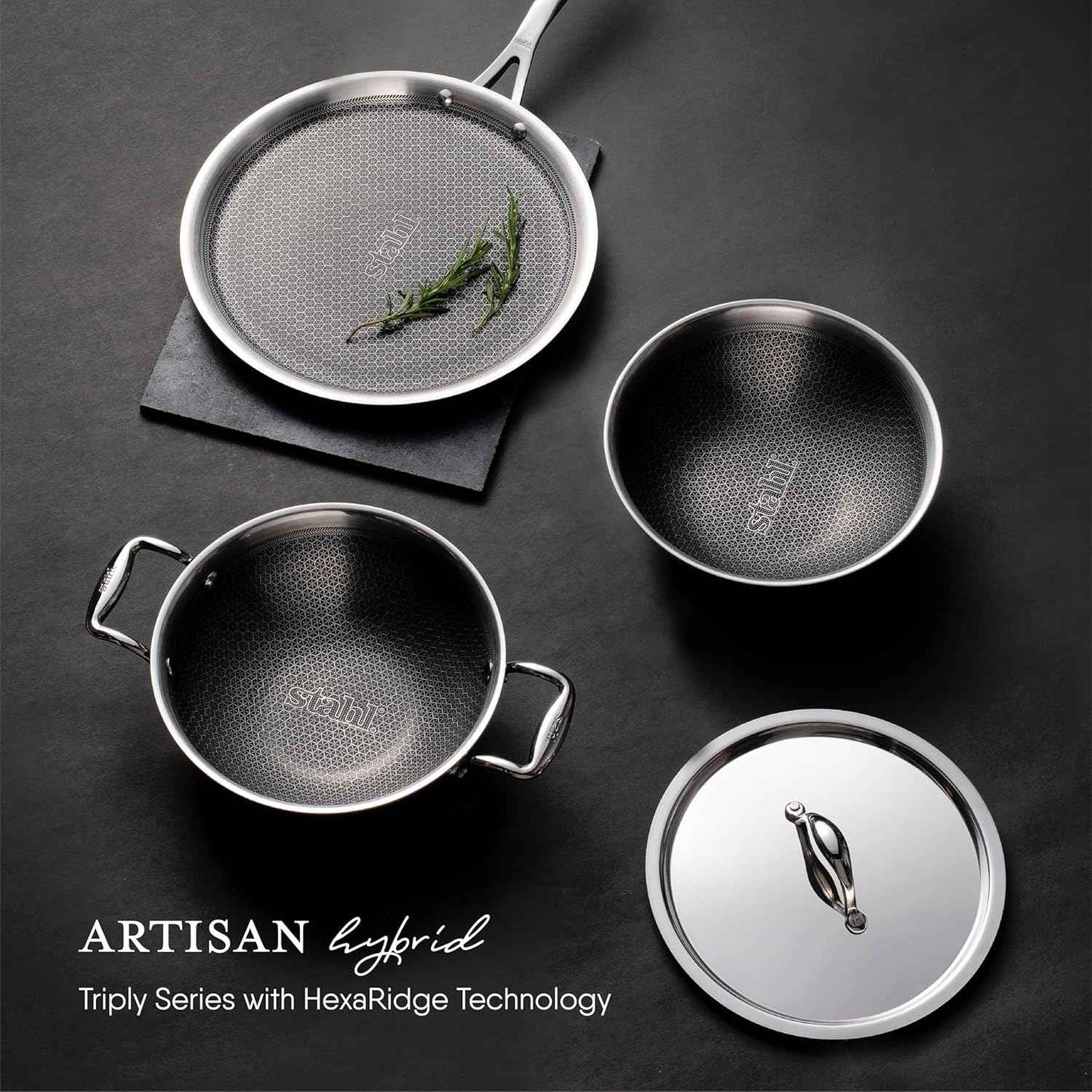 Stahl Artisan Hybrid Triply Non-Stick Kadhai with Lid, 28cm, 4.4 liters