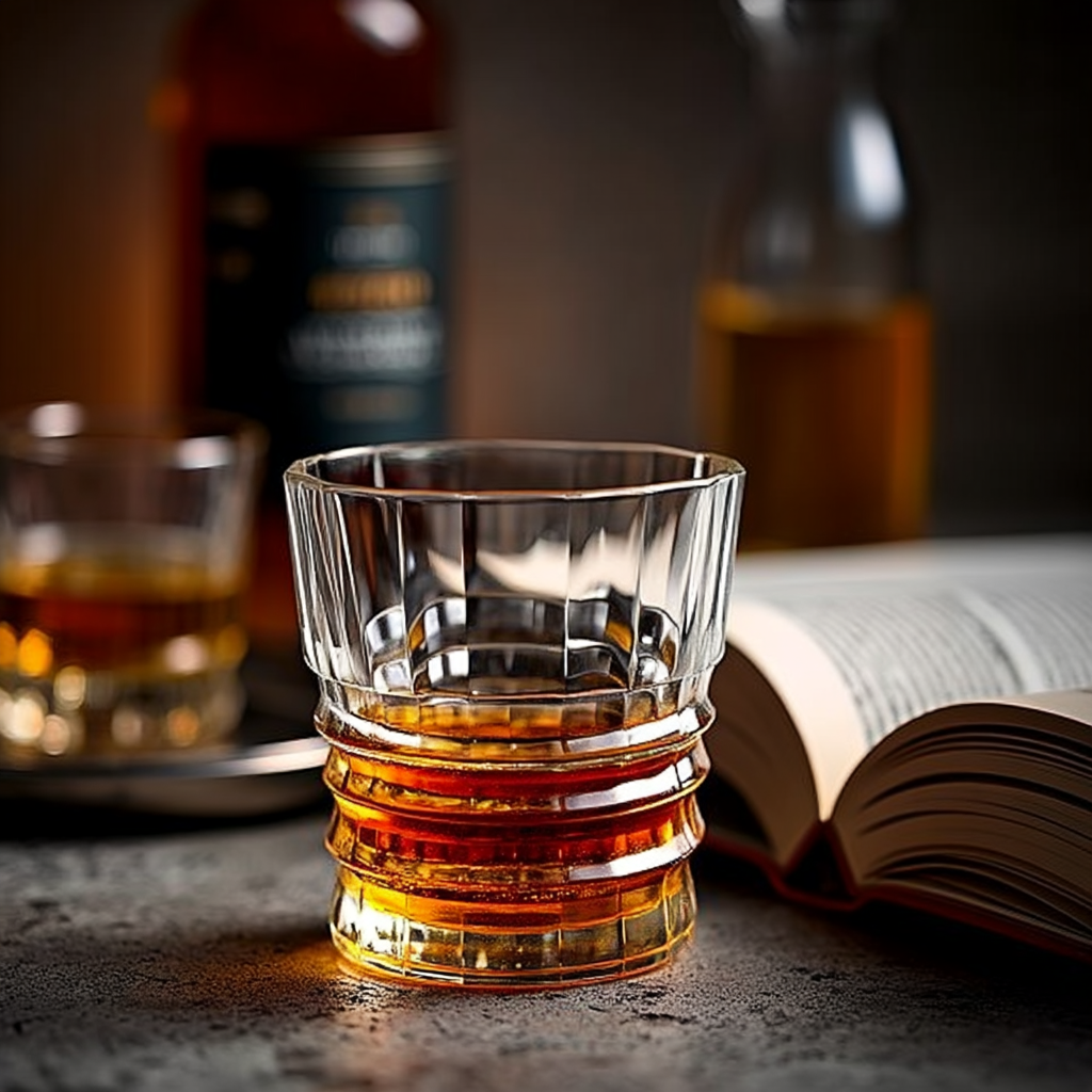 The Cascade Whiskey Glasses Set of 6 300ml by CarryHome with whiskey and book on textured surface