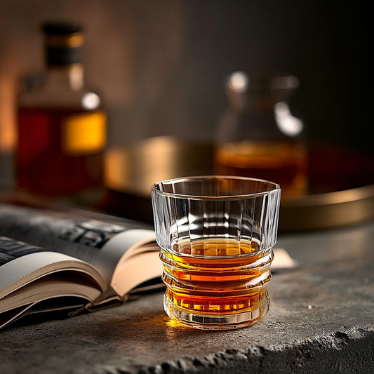 The Cascade Whiskey Glasses Set of 6 300ml featuring a clear, ridged design filled with whiskey on a textured surface