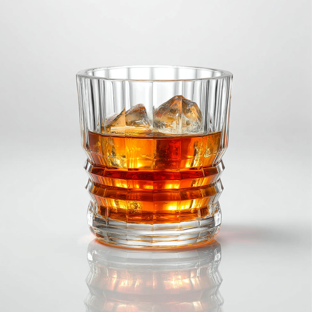 The Cascade Whiskey Glasses Set of 6 300ml filled with whiskey and ice cubes on a reflective surface by CarryHome