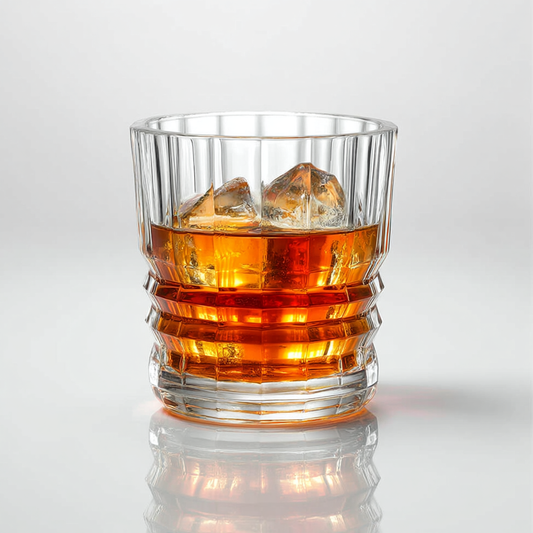 The Cascade Whiskey Glasses Set of 6 300ml filled with whiskey and ice cubes on a reflective surface by CarryHome