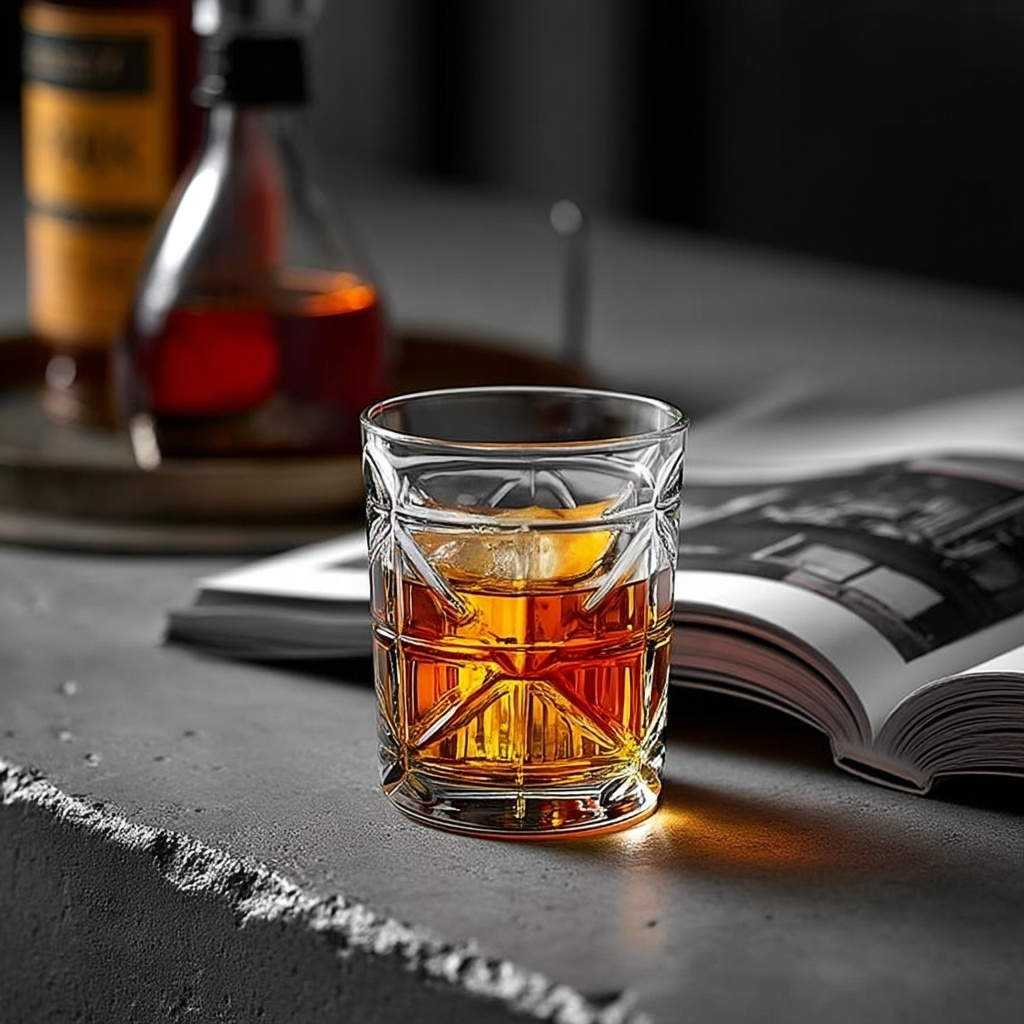 The Intersect Whiskey Glasses Set of 6 300ml showing one filled glass with whiskey on a gray surface next to an open book