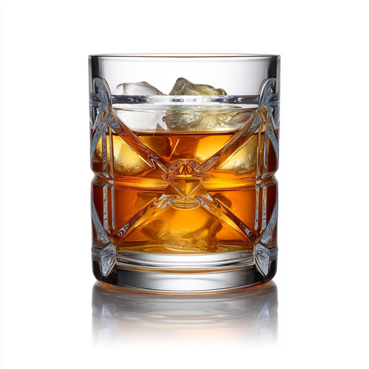 Single clear whisky glass with intricate intersect pattern filled with whiskey and ice The Intersect Whiskey Glasses Set of 6 300ml