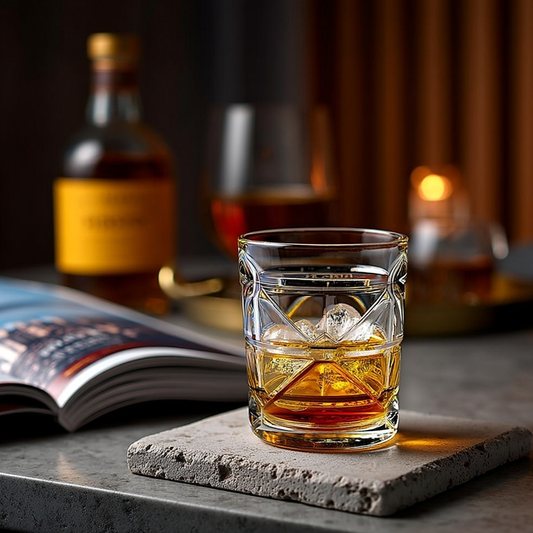 The Intersect Whiskey Glasses Set of 6 300ml by CarryHome with whiskey and ice on textured stone coaster