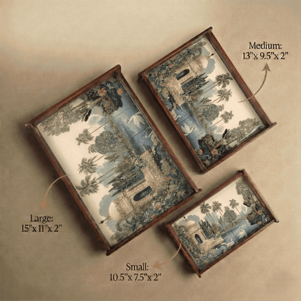 Tropical Serenity Wooden Serving Tray Set of 3 Teak Wood in large, medium, and small sizes with vibrant designs.