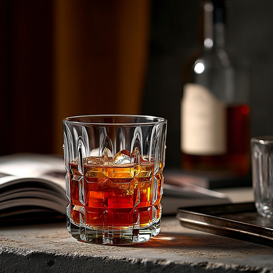 Urban Grid Whiskey Glasses Set of 6 300ml by CarryHome with amber whiskey and ice on textured surface