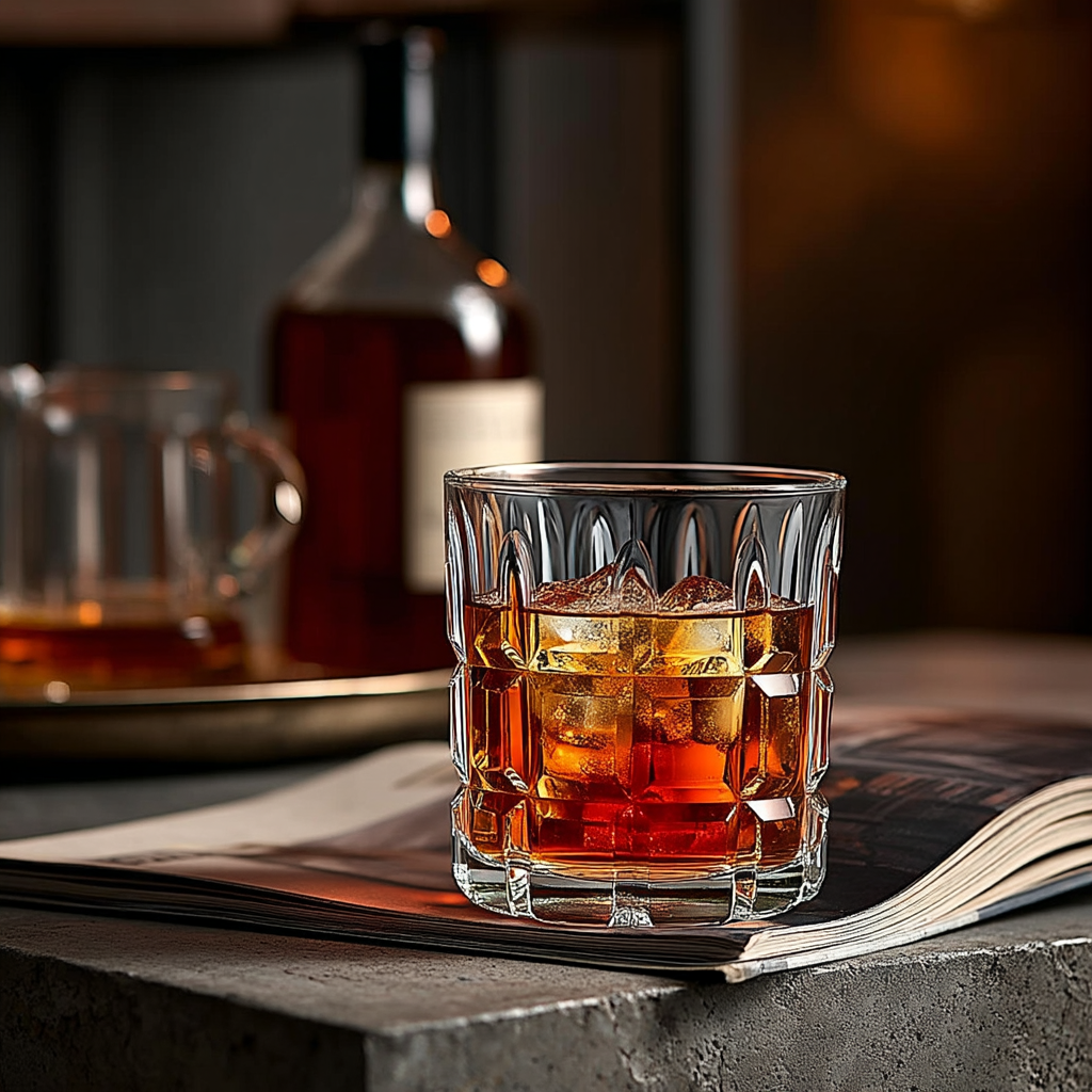 CarryHome Urban Grid Whiskey Glasses Set of 6 300ml with whiskey and ice on a magazine