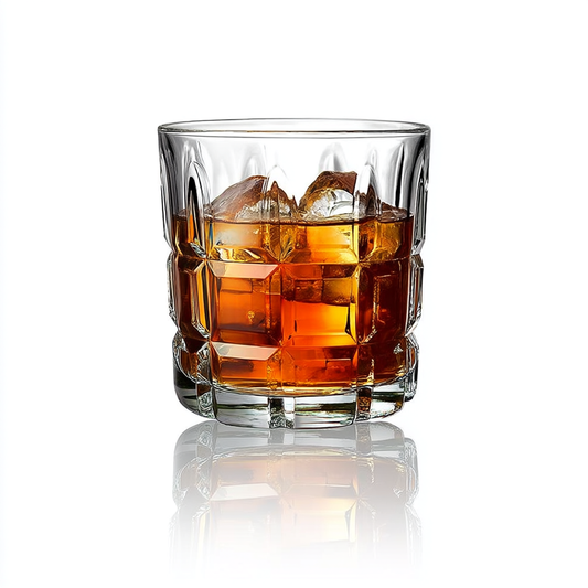 Urban Grid Whiskey Glasses Set of 6 300ml with ice and whiskey in a clear textured glass