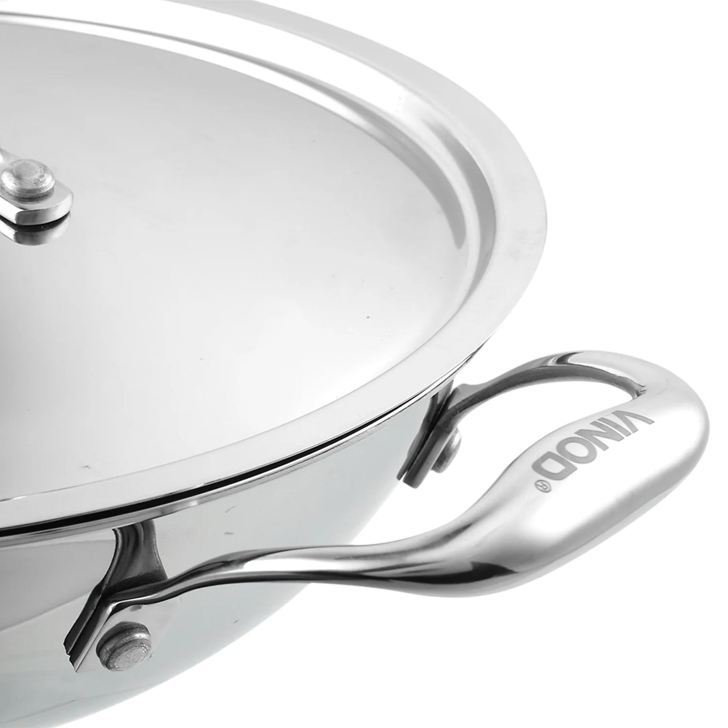 Vinod Platinum Triply Kadhai SS Lid 28cm 3.7L with a polished stainless steel surface and sturdy handle