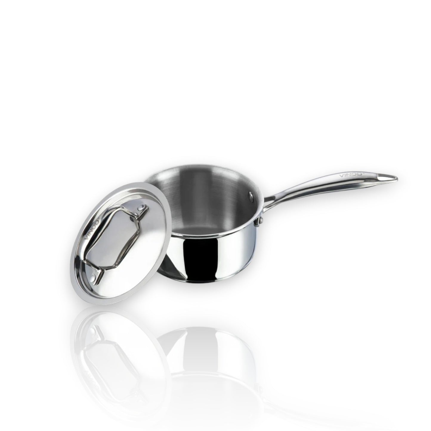 Vinod Platinum Triply Stainless Steel Saucepan 16cm 1.6L with a sleek lid and polished finish