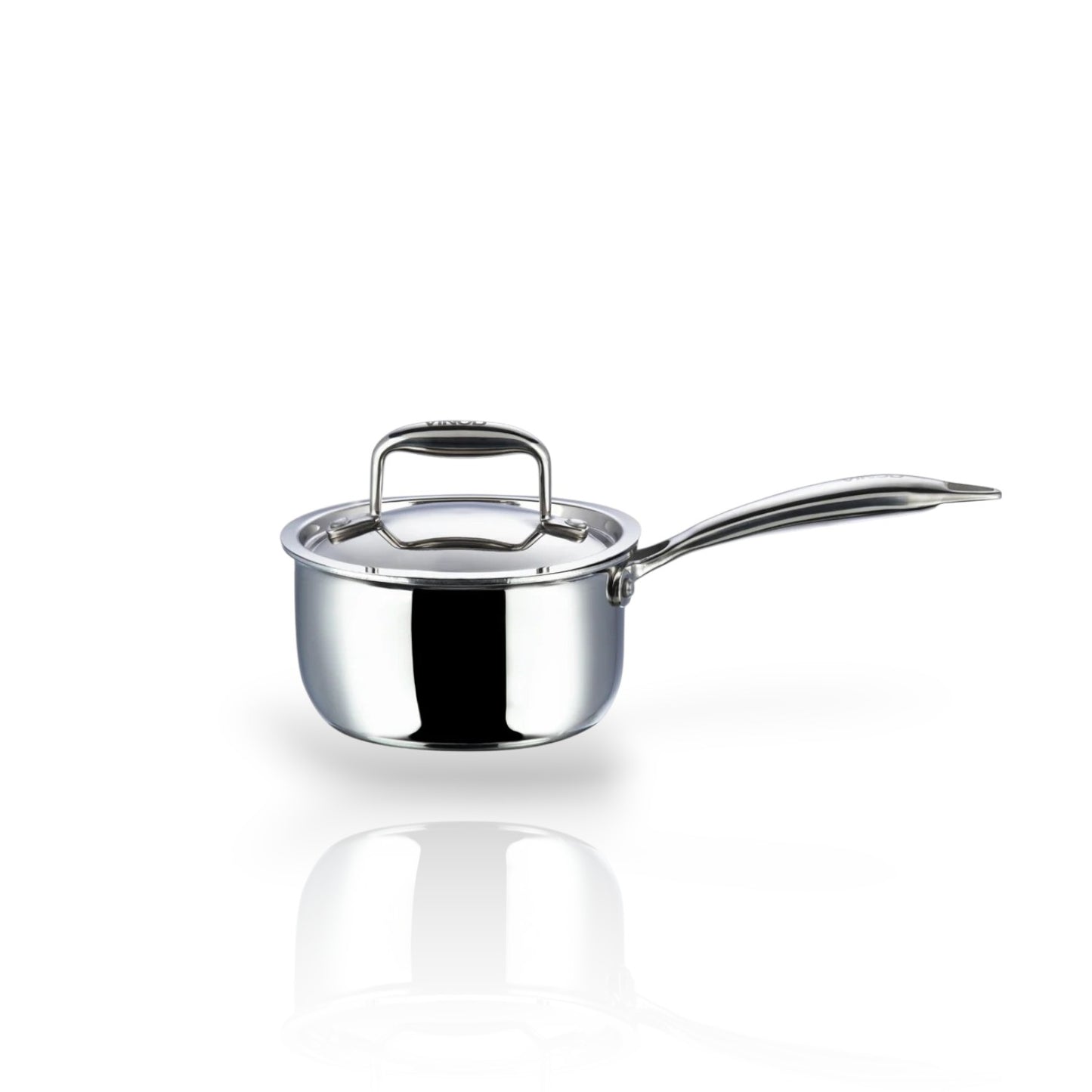 Vinod Platinum Triply Stainless Steel Saucepan 16cm 1.6L with a sturdy handle and glass lid