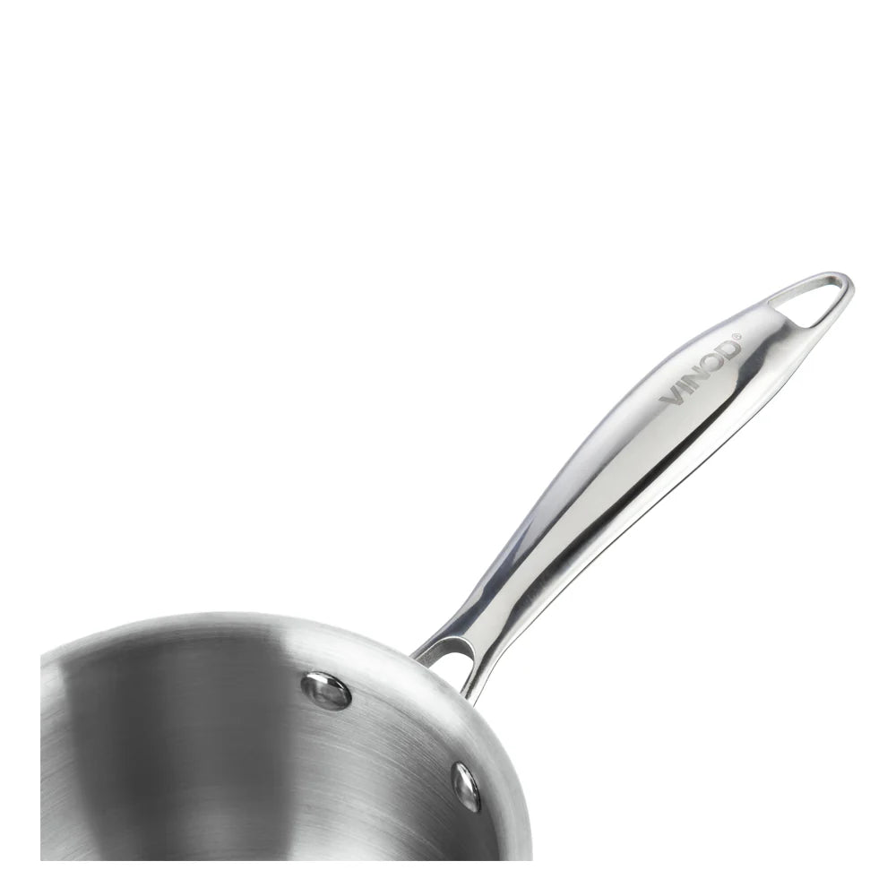 Vinod Platinum Triply Stainless Steel Saucepan 18cm 2.2L with ergonomic handle and polished finish