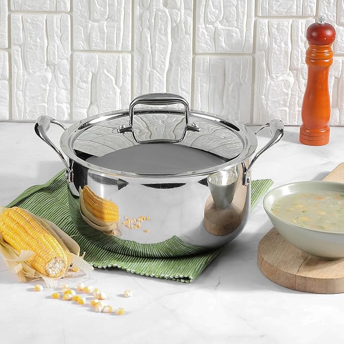 Vinod Platinum Triply Stainless Steel Saucepot 22cm 4L with lid, perfect for cooking soups and stews