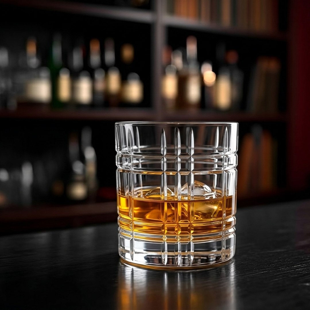 RCR Any DOF crystal whiskey glass with whiskey on ice at a bar