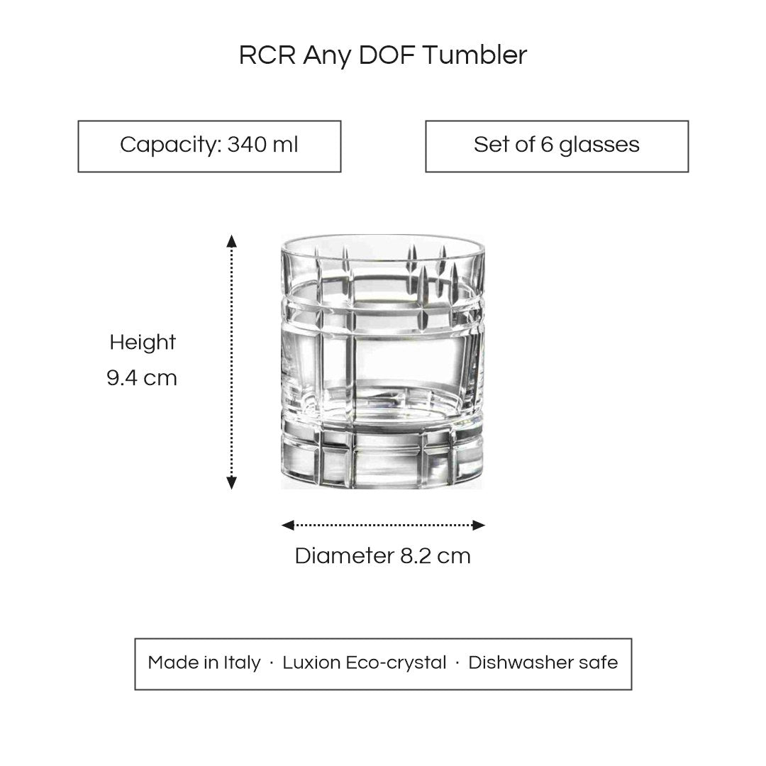 RCR Any DOF tumbler dimensions - 340 ml, height 9.4 cm, diameter 8.2 cm