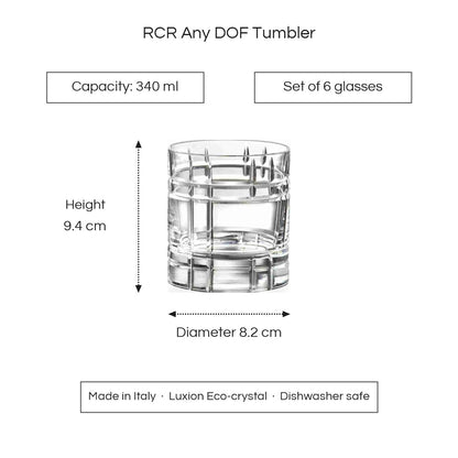 RCR Any DOF tumbler dimensions - 340 ml, height 9.4 cm, diameter 8.2 cm