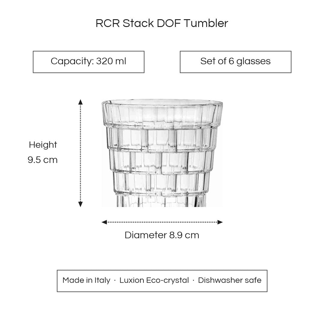 RCR Stack DOF tumbler dimensions - 320 ml, height 9.5 cm, diameter 8.9 cm