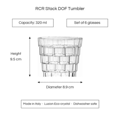 RCR Stack DOF tumbler dimensions - 320 ml, height 9.5 cm, diameter 8.9 cm