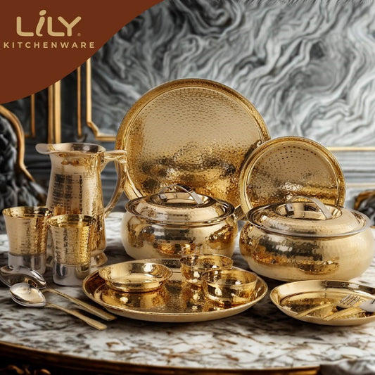 Lily Brass Dinner Set 63 pcs, Forever Hammered - 18 Plates, 12 Bowls, 6 Glasses, 1 jug, 4 Serving Bowls, 4 Serving Spoons, 12 spoons, 6 forks