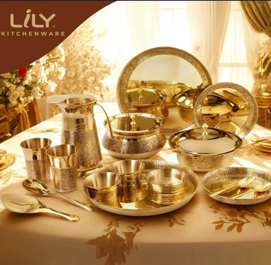 Lily Brass Dinner Set 57 pcs, Heritage - 18 Plates, 12 Bowls, 6 Glasses, 1 jug, 4 Serving Bowls, 4 Serving Spoons, 12 Spoons
