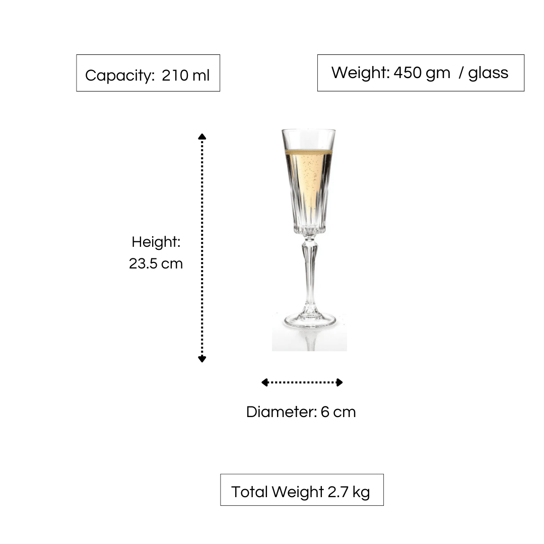 RCR Timeless Champagne Flute Glass, 210 ml, Set of 6