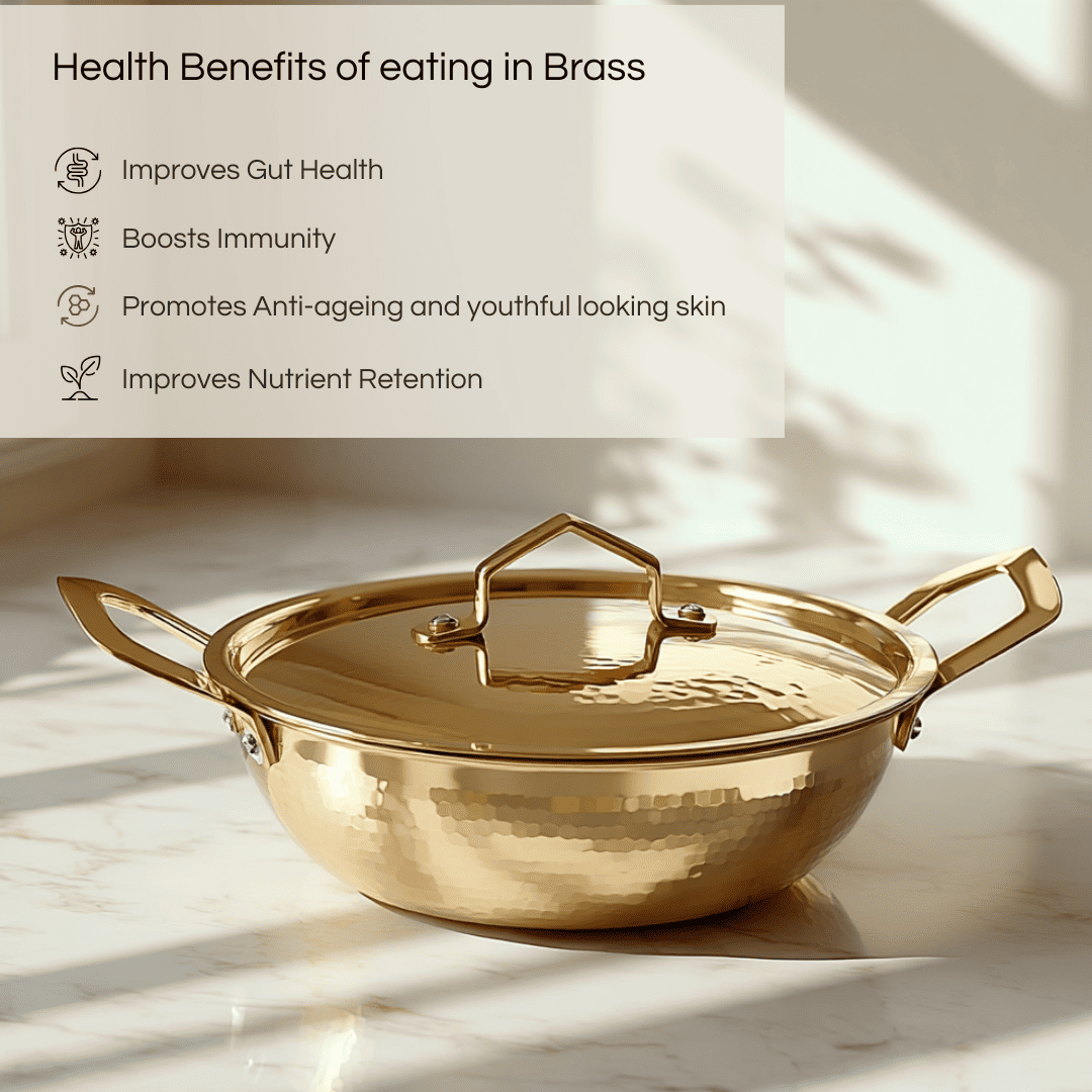 Parampara Brass Kadai with Lid, Flat Bottom, Hammered, 4 Litre