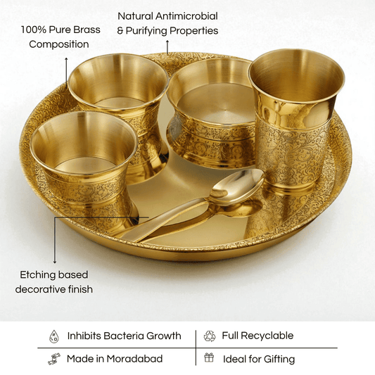 Lily Brass Dinner Set 57 pcs, Heritage - 18 Plates, 12 Bowls, 6 Glasses, 1 jug, 4 Serving Bowls, 4 Serving Spoons, 12 Spoons