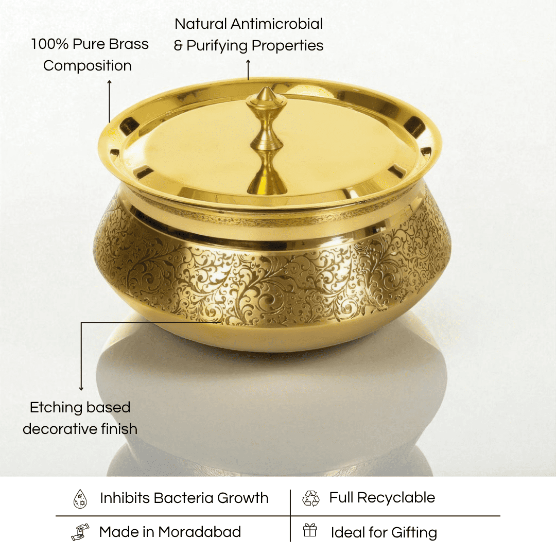 Brass Heritage Handi with Lid, Kalai coated, 2.5 Litre