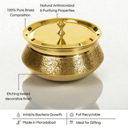 Brass Heritage Handi with Lid, Kalai coated, 2.5 Litre