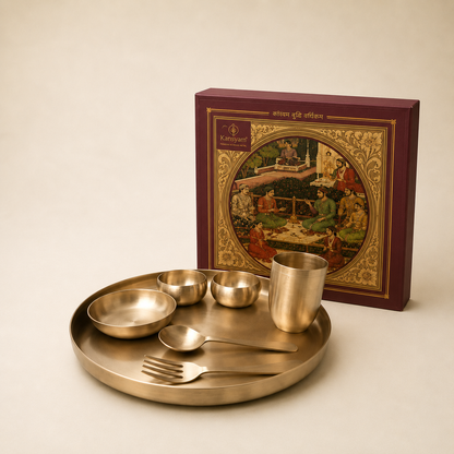 Kansa Thali Set Curve,  7 pcs, with Gift Box