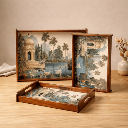 Tropical Serenity Wooden Serving Tray, Set of 3, Premium Teak Wood
