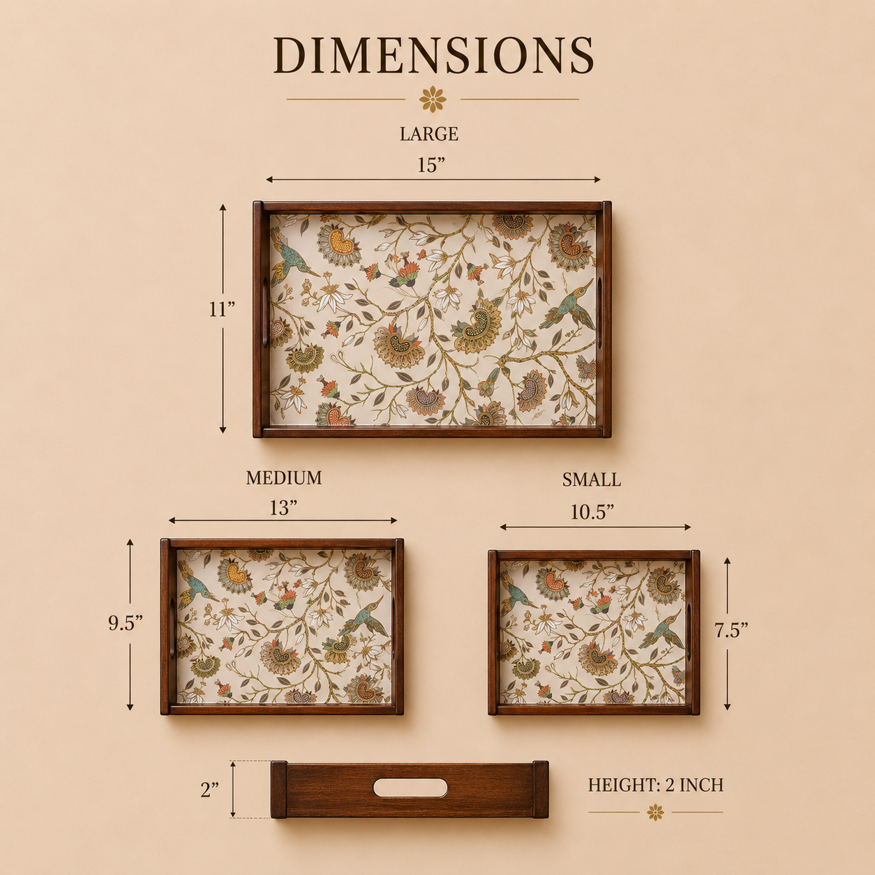 Gardenia Wooden Serving Tray, Set of 3, Premium Teak Wood